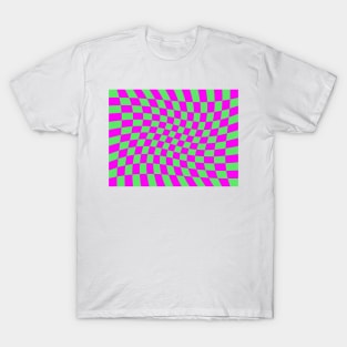 Twisted Checkered Square Pattern - Green & Pink T-Shirt